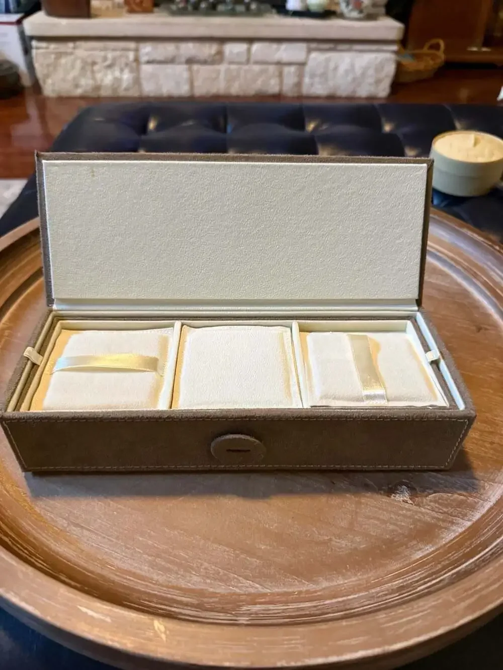 Pandora Brown Suede Jewelry Box with Inserts and Wrap Tie Closure
